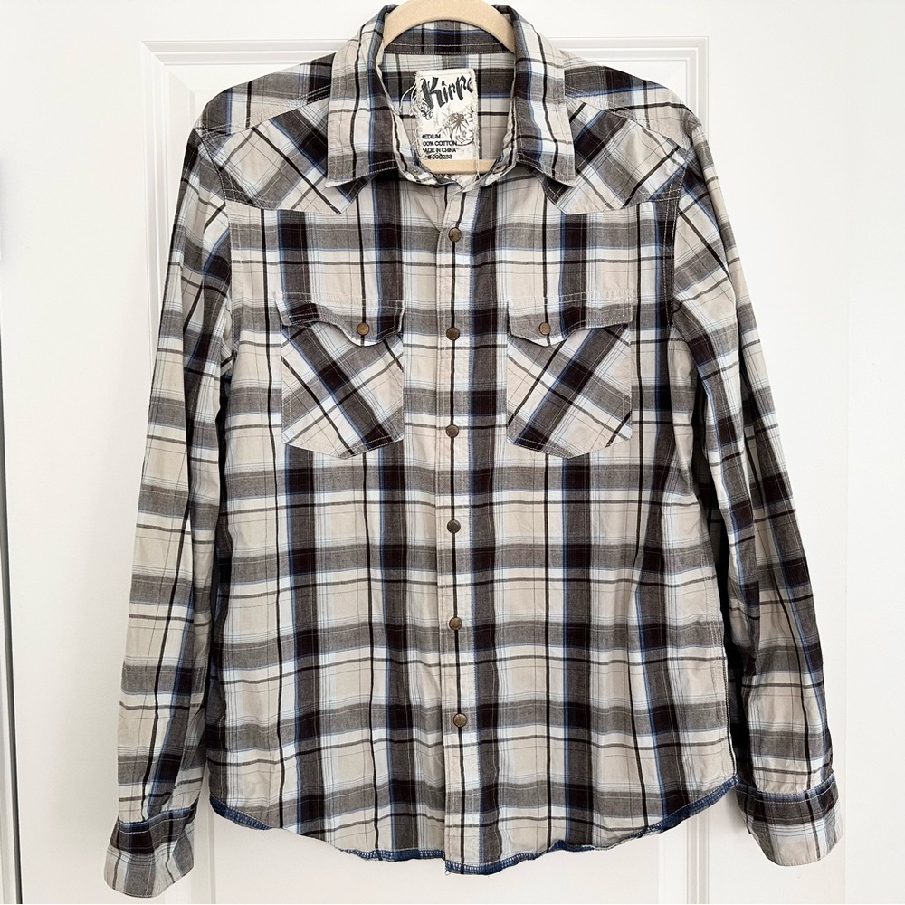 Western Style Plaid Long Sleeve Button Down Shirt-Cream Brown & Blue Snap Button
